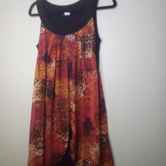 Rodan Dress Women M Sleeveless Open Front Flowing Black Orange Red - Picture 15 of 15